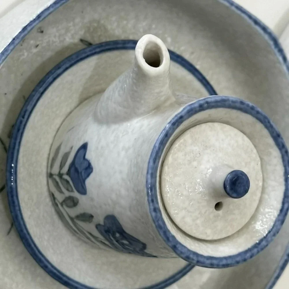 Vintage Blue White Speckled Ceramic Lot 5 Sauce Dishes Japanese Bellflower Set